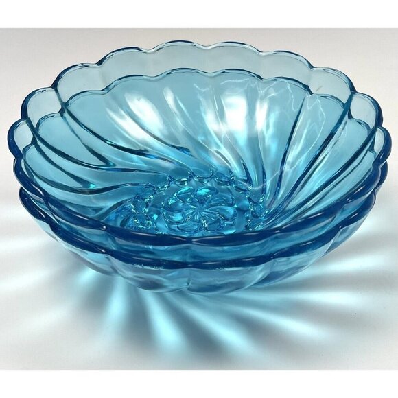 VTG Set 2 Turquoise Aqua 9"x3" Hazel-Atlas Capri Swirl Glass Serving BOWLS EUC - Picture 2 of 4